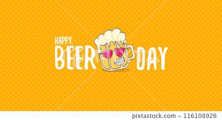 International beer day horizontal banner or summer poster with vector funky beer character isolated on yellow beer background. Vector Cartoon funny International beer day label and poster International beer day horizontal banner or summer poster with vector funky beer character isolated on yellow beer background. Vector Cartoon funny International beer day label and poster 116108926