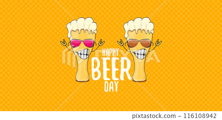 International beer day horizontal banner or summer poster with vector funky beer character isolated on yellow beer background. Vector Cartoon funny International beer day label and poster 116108942