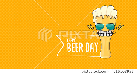 International beer day horizontal banner or summer poster with vector funky beer character isolated on yellow beer background. Vector Cartoon funny International beer day label and poster 116108955