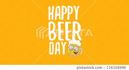 International beer day horizontal banner or summer poster with vector funky beer character isolated on yellow beer background. Vector Cartoon funny International beer day label and poster International beer day horizontal banner or summer poster with vector funky beer character isolated on yellow beer background. Vector Cartoon funny International beer day label and poster 116108996