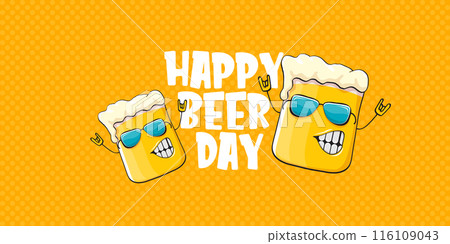 International beer day horizontal banner or summer poster with vector funky beer character isolated on yellow beer background. Vector Cartoon funny International beer day label and poster International beer day horizontal banner or summer poster with vector funky beer character isolated on yellow beer background. Vector Cartoon funny International beer day label and poster 116109043