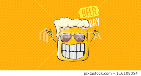 International beer day horizontal banner or summer poster with vector funky beer character isolated on yellow beer background. Vector Cartoon funny International beer day label and poster International beer day horizontal banner or summer poster with vector funky beer character isolated on yellow beer background. Vector Cartoon funny International beer day label and poster 116109054
