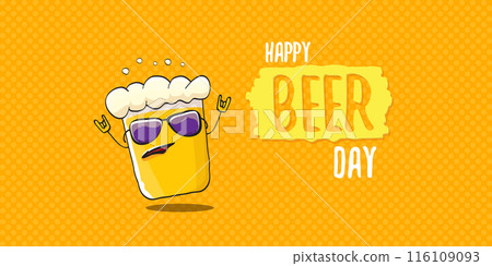 International beer day horizontal banner or summer poster with vector funky beer character isolated on yellow beer background. Vector Cartoon funny International beer day label and poster International beer day horizontal banner or summer poster with vector funky beer character isolated on yellow beer background. Vector Cartoon funny International beer day label and poster 116109093