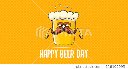 International beer day horizontal banner or summer poster with vector funky beer character isolated on yellow beer background. Vector Cartoon funny International beer day label and poster 116109095