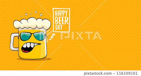International beer day horizontal banner or summer poster with vector funky beer character isolated on yellow beer background. Vector Cartoon funny International beer day label and poster International beer day horizontal banner or summer poster with vector funky beer character isolated on yellow beer background. Vector Cartoon funny International beer day label and poster 116109101