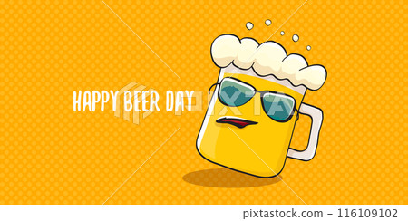 International beer day horizontal banner or summer poster with vector funky beer character isolated on yellow beer background. Vector Cartoon funny International beer day label and poster 116109102