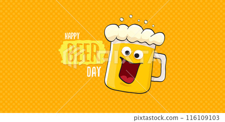 International beer day horizontal banner or summer poster with vector funky beer character isolated on yellow beer background. Vector Cartoon funny International beer day label and poster International beer day horizontal banner or summer poster with vector funky beer character isolated on yellow beer background. Vector Cartoon funny International beer day label and poster 116109103