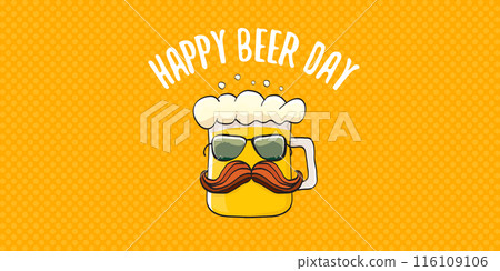 International beer day horizontal banner or summer poster with vector funky beer character isolated on yellow beer background. Vector Cartoon funny International beer day label and poster International beer day horizontal banner or summer poster with vector funky beer character isolated on yellow beer background. Vector Cartoon funny International beer day label and poster 116109106