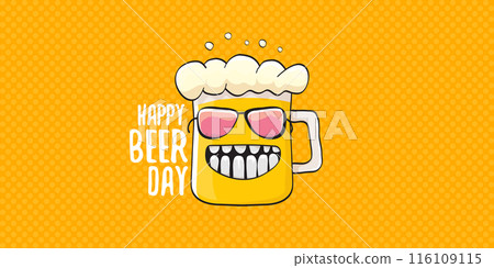 International beer day horizontal banner or summer poster with vector funky beer character isolated on yellow beer background. Vector Cartoon funny International beer day label and poster International beer day horizontal banner or summer poster with vector funky beer character isolated on yellow beer background. Vector Cartoon funny International beer day label and poster 116109115