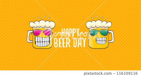 International beer day horizontal banner or summer poster with vector funky beer character isolated on yellow beer background. Vector Cartoon funny International beer day label and poster International beer day horizontal banner or summer poster with vector funky beer character isolated on yellow beer background. Vector Cartoon funny International beer day label and poster 116109116