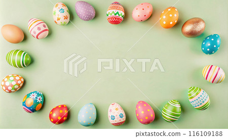 ster season poster Happy easter greeting with colorful egg prints and pattern 116109188