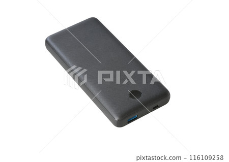 Black powerbank with usb port and usb c port on white background Black powerbank with usb port and usb c port on white background 116109258