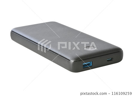 Black powerbank with usb port and usb c port on white background Black powerbank with usb port and usb c port on white background 116109259
