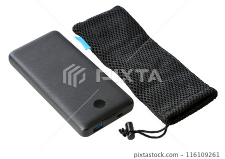 Black powerbank with usb port and usb c port on white background 116109261