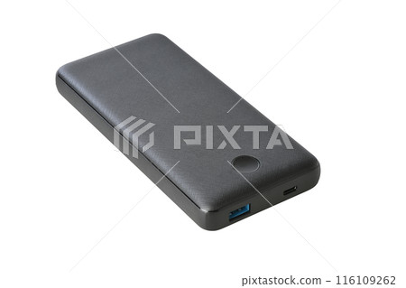 Black powerbank with usb port and usb c port on white background 116109262