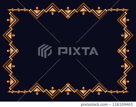Frame in art deco style in gold color. Vintage linear border. Elegant vintage frame in minimalist style on a black background. Frame design for invitations, flyers and banners. Vector illustration 116109463
