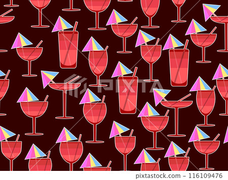 Glass with umbrella and straw seamless pattern. Multi-colored cocktail in a glass with a white outline. Tropical striped cocktail in a glass with an umbrella and a straw. Vector illustration Glass with umbrella and straw seamless pattern. Multi-colored cocktail in a glass with a white outline. Tropical striped cocktail in a glass with an umbrella and a straw. Vector illustration 116109476