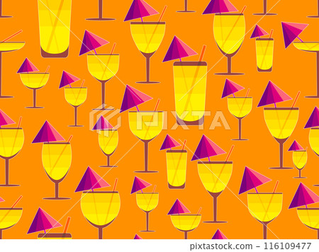 Glass with umbrella and straw seamless pattern. Multi-colored cocktail in a glass with a white outline. Tropical striped cocktail in a glass with an umbrella and a straw. Vector illustration Glass with umbrella and straw seamless pattern. Multi-colored cocktail in a glass with a white outline. Tropical striped cocktail in a glass with an umbrella and a straw. Vector illustration 116109477