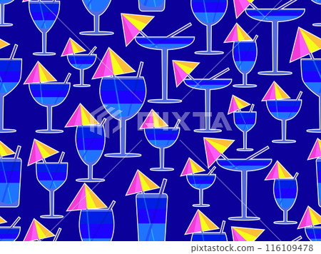 Glass with umbrella and straw seamless pattern. Multi-colored cocktail in a glass with a white outline. Tropical striped cocktail in a glass with an umbrella and a straw. Vector illustration Glass with umbrella and straw seamless pattern. Multi-colored cocktail in a glass with a white outline. Tropical striped cocktail in a glass with an umbrella and a straw. Vector illustration 116109478