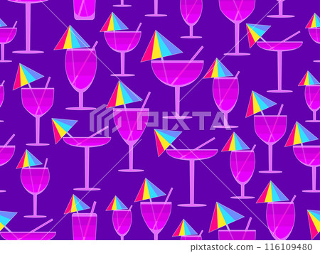 Glass with umbrella and straw seamless pattern. Multi-colored cocktail in a glass with a white outline. Tropical striped cocktail in a glass with an umbrella and a straw. Vector illustration 116109480