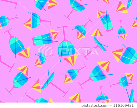 Glass with umbrella and straw seamless pattern. Multi-colored cocktail in a glass with a white outline. Tropical striped cocktail in a glass with an umbrella and a straw. Vector illustration Glass with umbrella and straw seamless pattern. Multi-colored cocktail in a glass with a white outline. Tropical striped cocktail in a glass with an umbrella and a straw. Vector illustration 116109481