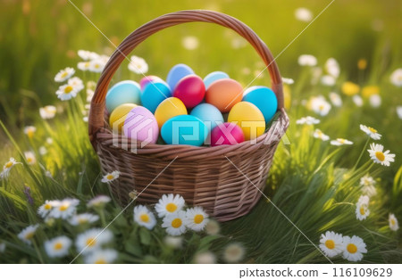 Wicker basket with colored eggs in a field daisies for Easter 116109629
