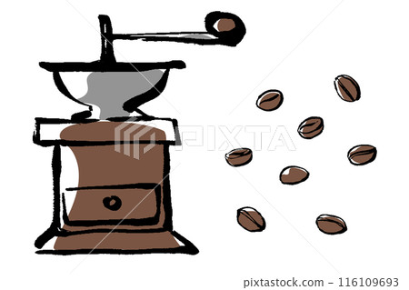 Brush-drawn illustration of a coffee mill and coffee beans 116109693