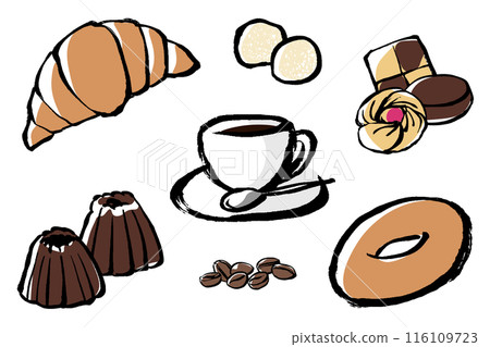 咖啡和與咖啡搭配的食物的插圖集 116109723