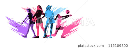 Attractive active girls playing different sports, tennis, soccer, golf and volleyball isolated on white background. Attractive active girls playing different sports, tennis, soccer, golf and volleyball isolated on white background. 116109800