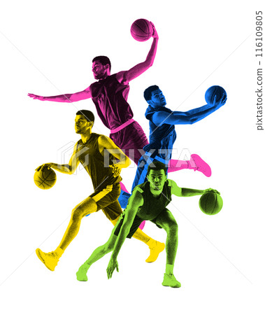 Multicolored image of muscular man, basketball player in motion, playing isolated on white background. Multicolored image of muscular man, basketball player in motion, playing isolated on white background. 116109805