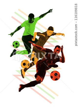 Dynamic image of monochrome athletes, men of different race and age in motion playing soccer isolated on white background. 116109818