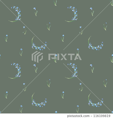 Seamless pattern of the light blue first spring flowers. Watercolor botanical illustration of delicate lilac flowers. Three scillas hand drawn isolated on white background. little bouquet. 116109819