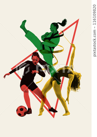 Monochrome female soccer, karate and rhythmic gymnast athletes in motion, competing for success isolated on white background. Monochrome female soccer, karate and rhythmic gymnast athletes in motion, competing for success isolated on white background. 116109820