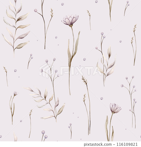 Watercolor seamless pattern floral delicate pastel vintage green violet brown bouquet. Hand drawn illustration isolated on white background. Repeat flower and herb herds pastel color 116109821