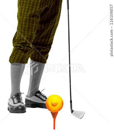 Black and white image of male legs, golfer wearing plaid pants, socks, and golf shoes, preparing to hit colored orange on golf tee. Contemporary art collage. Black and white image of male legs, golfer wearing plaid pants, socks, and golf shoes, preparing to hit colored orange on golf tee. Contemporary art collage. 116109857