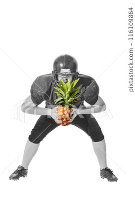 Black and white image of American football player, holding pineapple instead of football ball. Contemporary art collage. 116109864