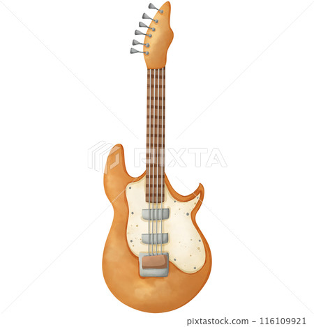 A watercolor painting of an electric guitar at a music festival serves as a decorative illustration. 116109921