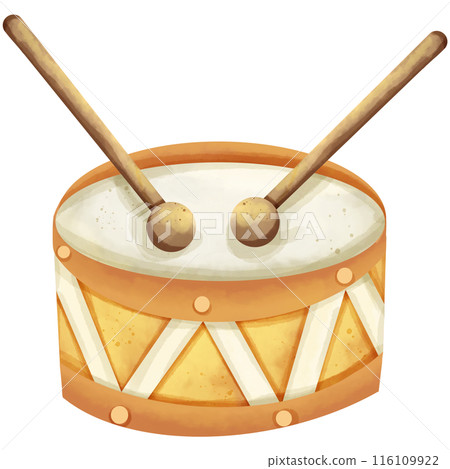 Watercolor paintings of parade drums serve as illustrations to decorate the piece. 116109922