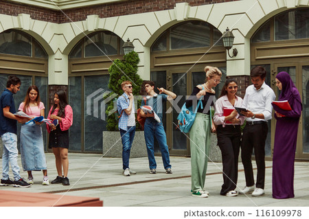 International students enjoying a productive study day outside the school, multiracial boys and girls lively talking outdoors International students enjoying a productive study day outside the school, multiracial boys and girls lively talking outdoors 116109978