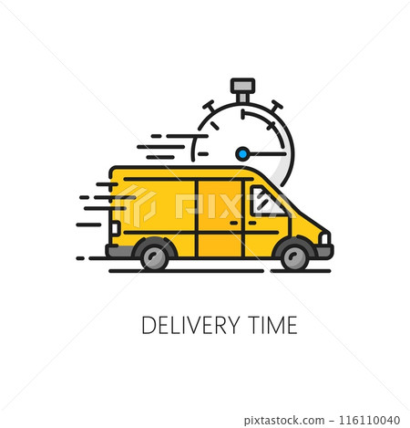 Delivery time color line icon with fast shipping truck and clock, vector logistics, cargo carriage service. Package delivery courier car, yellow van or truck with stopwatch isolated outline symbol Delivery time color line icon with fast shipping truck and clock, vector logistics, cargo carriage service. Package delivery courier car, yellow van or truck with stopwatch isolated outline symbol 116110040