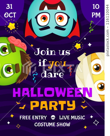 Halloween party flyer with cartoon emoji faces. Vector poster with Dracula, zombie and mummy characters set the mood for a night of ghoulishly good times. Join us if dare for a spooktacular bash Halloween party flyer with cartoon emoji faces. Vector poster with Dracula, zombie and mummy characters set the mood for a night of ghoulishly good times. Join us if dare for a spooktacular bash 116110044