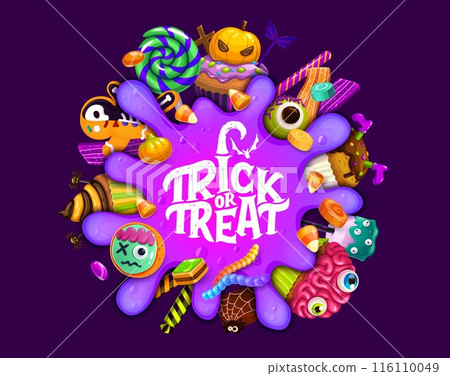 Trick or treat banner with Halloween sweets and purple slime blob. Cartoon vector delectable spread of festive desserts and spooky appetizing delights around of whimsical violet spot oozing through Trick or treat banner with Halloween sweets and purple slime blob. Cartoon vector delectable spread of festive desserts and spooky appetizing delights around of whimsical violet spot oozing through 116110049