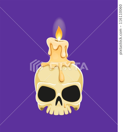 Cartoon Halloween skull with candle and melt dipping wax. Isolated vector occult or magic object. Creepy gothic antique cranium, scary lantern made of dead head. Dia de los Muertos item or decoration 116110060