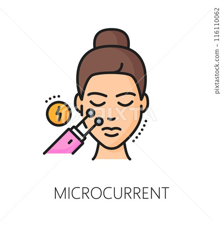 Face care microcurrent, skincare cosmetology and mesotherapy linear color icon. Woman beauty skincare cosmetics thin line symbol or face microcurrent procedure treatment outline vector pictogram 116110062