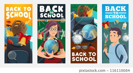Back to school banners, vector cards with school supplies, student and teacher with autumn leaves, globe, rucksack and a bell, baseball glove and alarm clock, promoting the start of the school year 116110084
