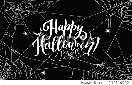 Halloween banner with spiders and cobweb. White vector typography with bats and creepy spiders on black background with tangled spiderweb frame. Poster with scary script and spooky celebratory design Halloween banner with spiders and cobweb. White vector typography with bats and creepy spiders on black background with tangled spiderweb frame. Poster with scary script and spooky celebratory design 116110090