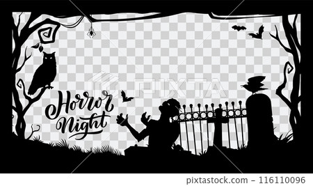 Halloween social media black frame with cemetery tombstones and zombie in forest, vector silhouette. Halloween holiday and horror night post frame template with scary spooky owl, raven and corpse 116110096