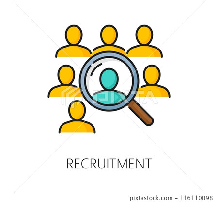 Recruitment, business career search color line icon. Company head hunter, human resources or employment, recruitment service linear vector icon with people pictogram and magnifying glass 116110098