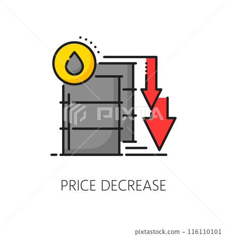 Oil price decrease graph color line icon with down arrows, barrels and drop of crude oil. Economic and energy industry crisis vector outline symbol, economy downturn, finance and business recession 116110101