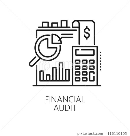 Financial audit icon for finance analysis of tax revenue and budget, line vector. Financial audit icon for banking business or company accounting in income transactions and fiscal transparency 116110105